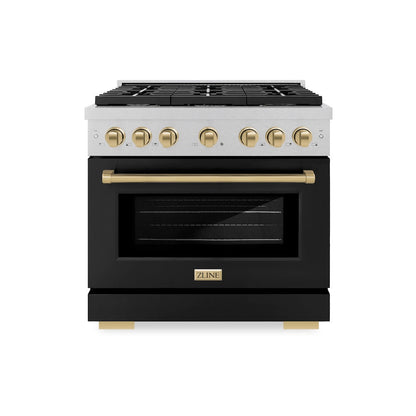 ZLINE Autograph Edition 36 in. 5.2 cu. ft. Paramount Dual Fuel Range with 6 Burner Gas Cooktop and Electric Convection Oven in Satin Stainless Steel with Black Matte Door and Champagne Bronze Accents (SDRSZ-BLM-36-CB)