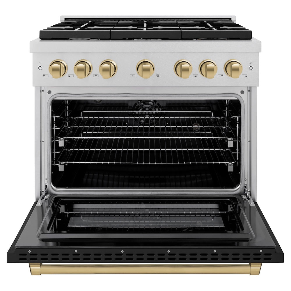 ZLINE Autograph Edition 36 in. 5.2 cu. ft. Paramount Dual Fuel Range with 6 Burner Gas Cooktop and Electric Convection Oven in Satin Stainless Steel with Black Matte Door and Champagne Bronze Accents (SDRSZ-BLM-36-CB)