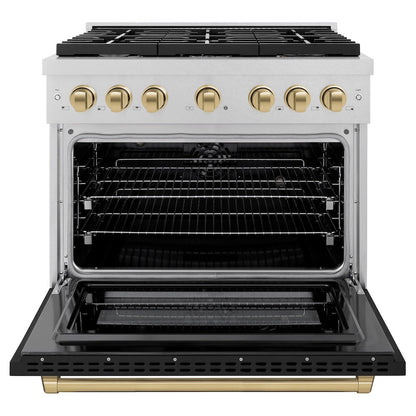 ZLINE Autograph Edition 36 in. 5.2 cu. ft. Paramount Dual Fuel Range with 6 Burner Gas Cooktop and Electric Convection Oven in Satin Stainless Steel with Black Matte Door and Champagne Bronze Accents (SDRSZ-BLM-36-CB)