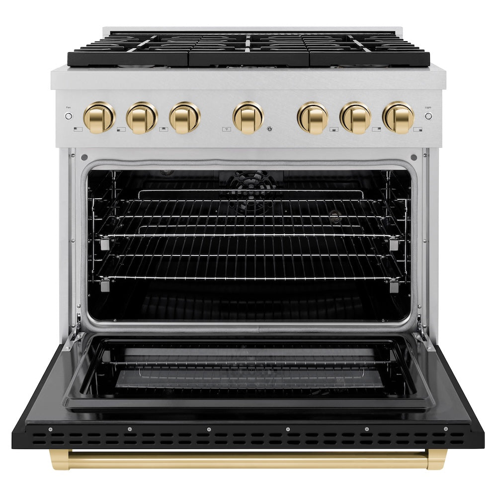ZLINE Autograph Edition 36 in. 5.2 cu. ft. Paramount Dual Fuel Range with 6 Burner Gas Cooktop and Electric Convection Oven in Satin Stainless Steel with Black Matte Door and Polished Gold Accents (SDRSZ-BLM-36-G)