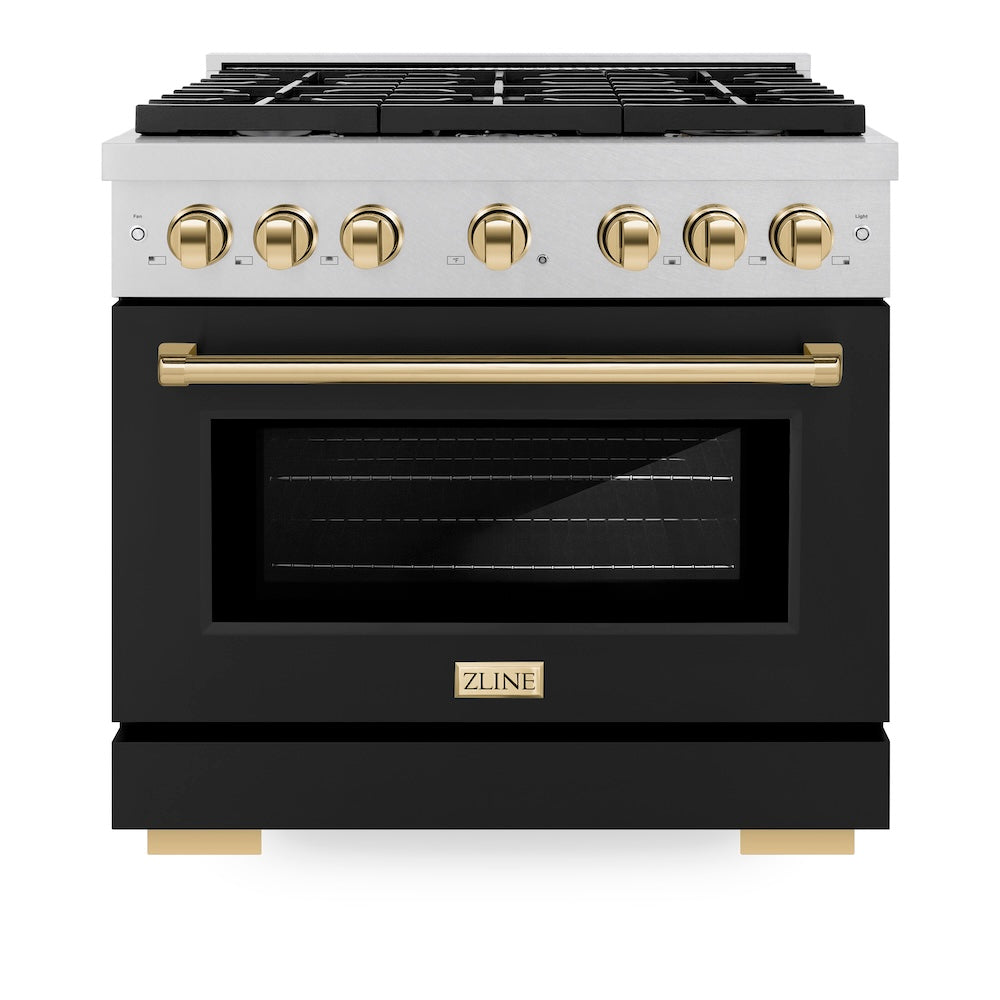 ZLINE Autograph Edition 36 in. 5.2 cu. ft. Paramount Dual Fuel Range with 6 Burner Gas Cooktop and Electric Convection Oven in Satin Stainless Steel with Black Matte Door and Polished Gold Accents (SDRSZ-BLM-36-G)