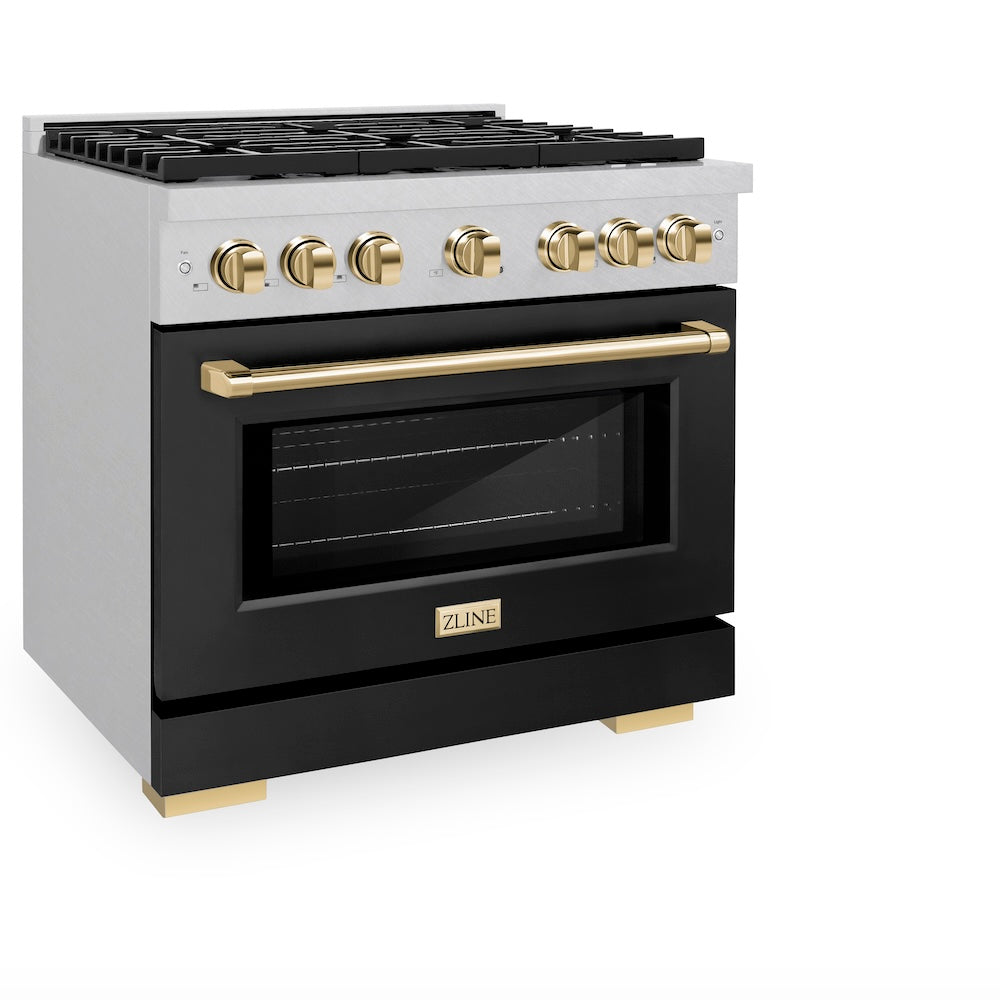 ZLINE Autograph Edition 36 in. 5.2 cu. ft. Paramount Dual Fuel Range with 6 Burner Gas Cooktop and Electric Convection Oven in Satin Stainless Steel with Black Matte Door and Polished Gold Accents (SDRSZ-BLM-36-G)