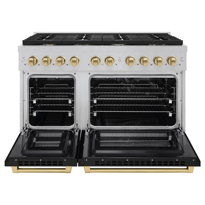 ZLINE Autograph Edition 48 in. 6.7 cu. ft. Paramount Double Oven Dual Fuel Range with 8 Burner Gas Cooktop in Satin Stainless Steel with Black Matte Doors and Champagne Bronze Accents (SDRSZ-BLM-48-CB)