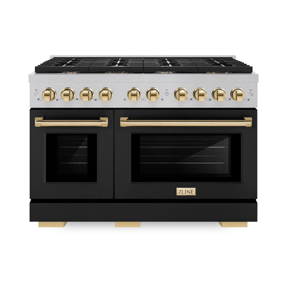 ZLINE Autograph Edition 48 in. 6.7 cu. ft. Paramount Double Oven Dual Fuel Range with 8 Burner Gas Cooktop in Satin Stainless Steel with Black Matte Doors and Polished Gold Accents (SDRSZ-BLM-48-G)