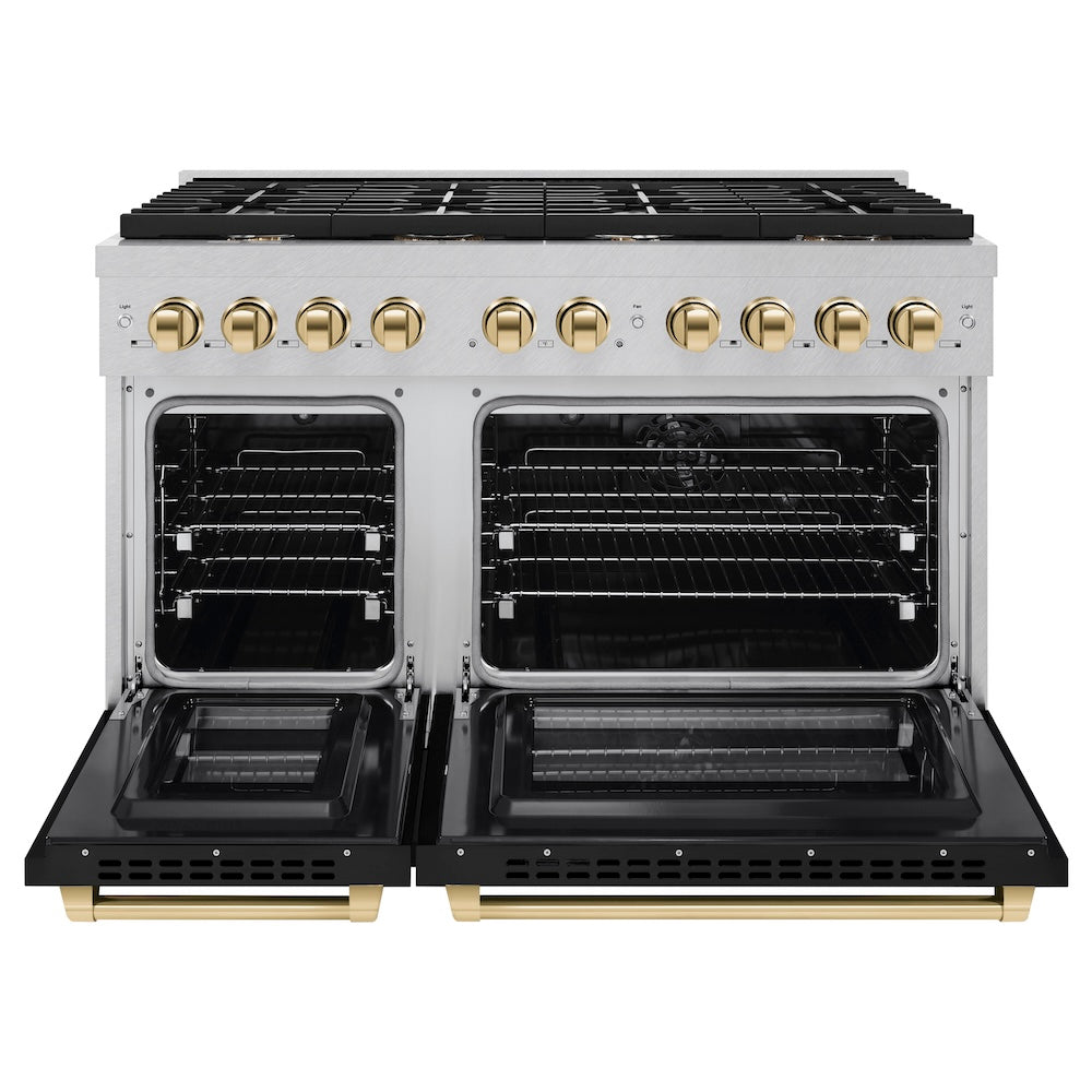 ZLINE Autograph Edition 48 in. 6.7 cu. ft. Paramount Double Oven Dual Fuel Range with 8 Burner Gas Cooktop in Satin Stainless Steel with Black Matte Doors and Polished Gold Accents (SDRSZ-BLM-48-G)