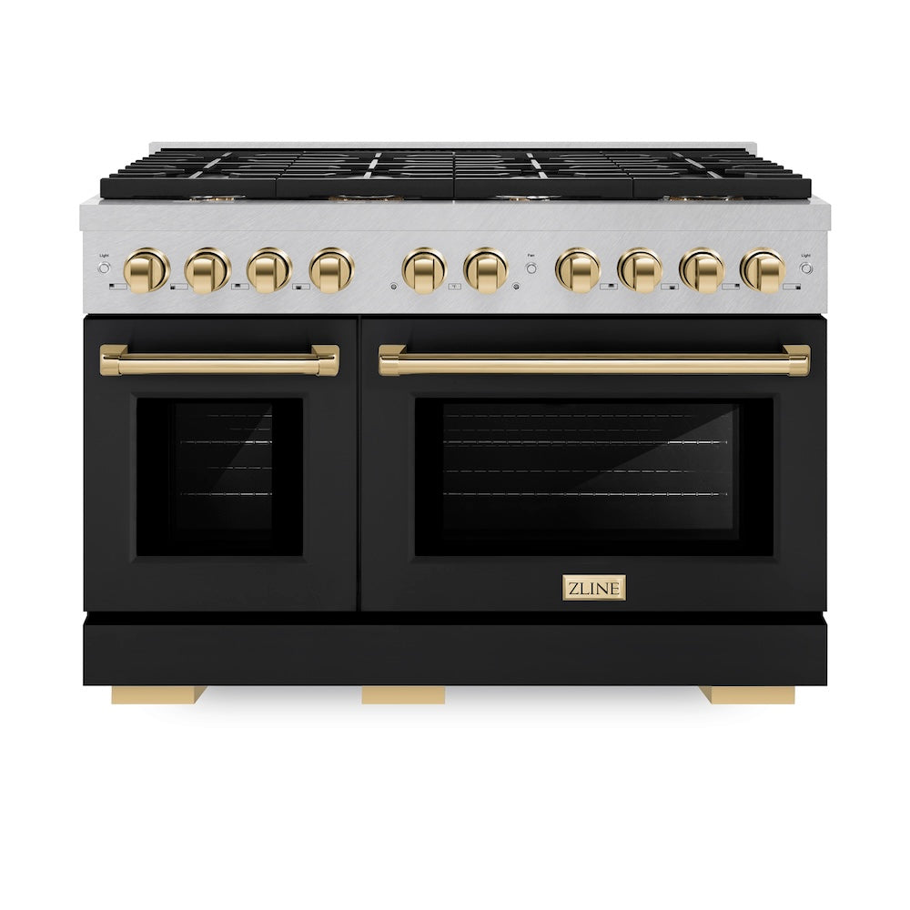 ZLINE Autograph Edition 48 in. 6.7 cu. ft. Paramount Double Oven Dual Fuel Range with 8 Burner Gas Cooktop in Satin Stainless Steel with Black Matte Doors and Polished Gold Accents (SDRSZ-BLM-48-G)