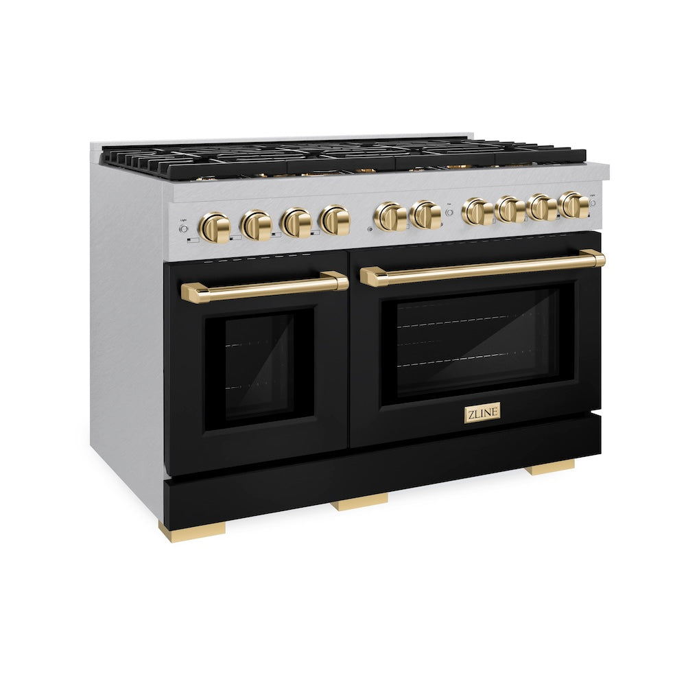 ZLINE Autograph Edition 48 in. 6.7 cu. ft. Paramount Double Oven Dual Fuel Range with 8 Burner Gas Cooktop in Satin Stainless Steel with Black Matte Doors and Polished Gold Accents (SDRSZ-BLM-48-G)
