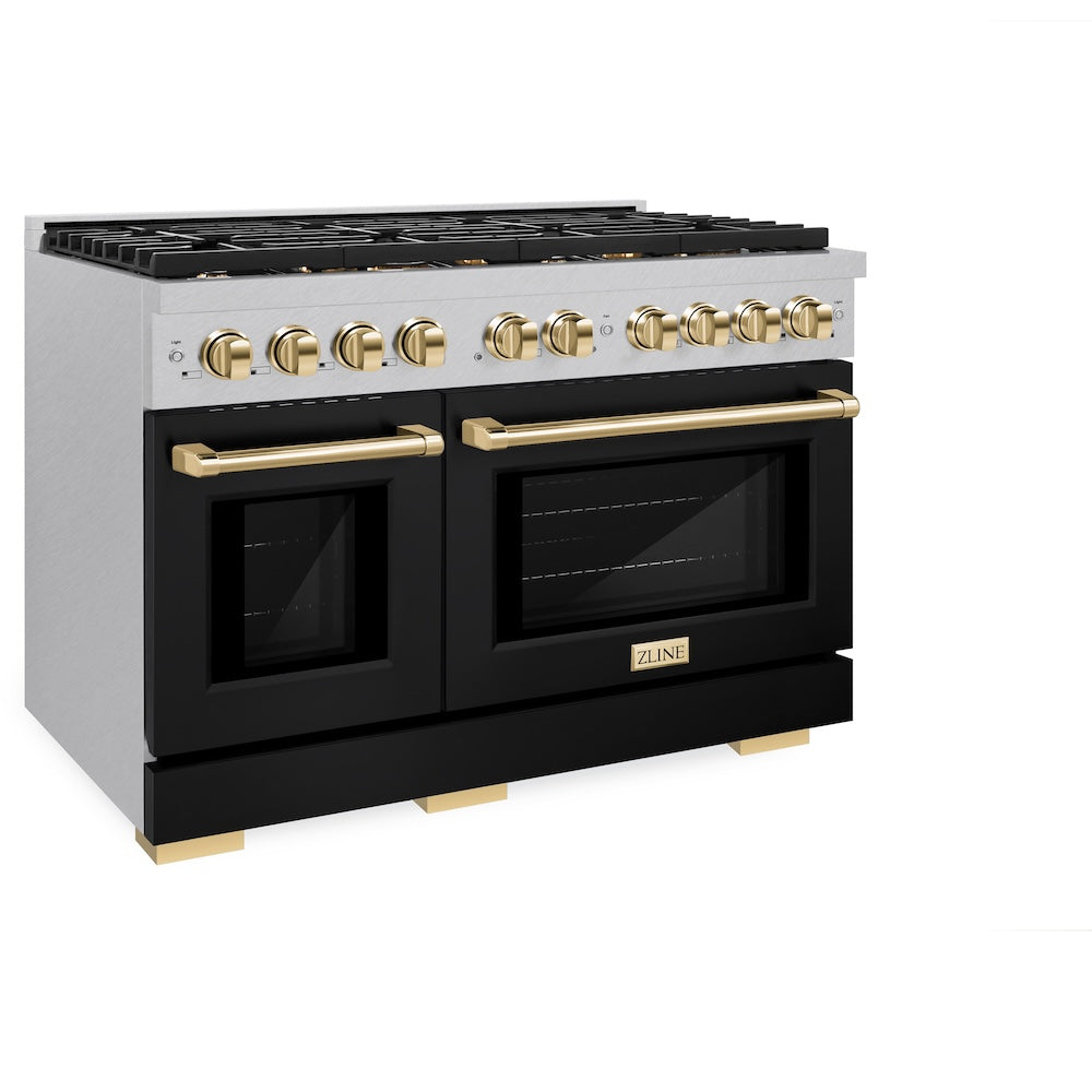 ZLINE Autograph Edition 48 in. 6.7 cu. ft. Paramount Double Oven Dual Fuel Range with 8 Burner Gas Cooktop in Satin Stainless Steel with Black Matte Doors and Polished Gold Accents (SDRSZ-BLM-48-G)