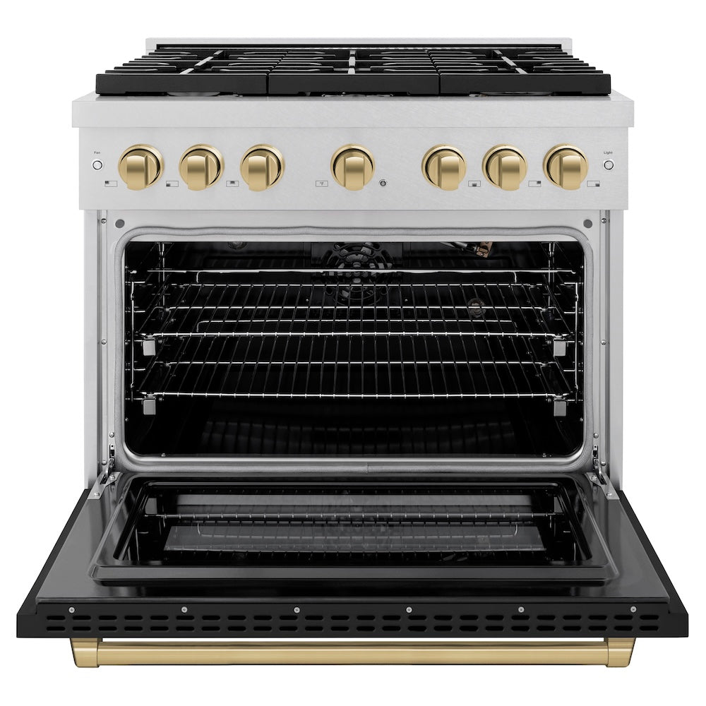 ZLINE Autograph Edition 36 in. 5.2 cu. ft. Paramount Gas Range with 6 Burner Cooktop and Convection Gas Oven in Satin Stainless Steel with Black Matte Door and Champagne Bronze Accents (SGRSZ-BLM-36-CB)