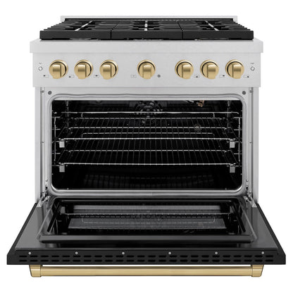 ZLINE Autograph Edition 36 in. 5.2 cu. ft. Paramount Gas Range with 6 Burner Cooktop and Convection Gas Oven in Satin Stainless Steel with Black Matte Door and Champagne Bronze Accents (SGRSZ-BLM-36-CB)