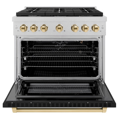 ZLINE Autograph Edition 36 in. 5.2 cu. ft. Paramount Gas Range with 6 Burner Cooktop and Convection Gas Oven in Satin Stainless Steel with Black Matte Door and Polished Gold Accents (SGRSZ-BLM-36-G)