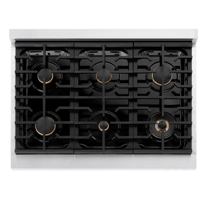 ZLINE Autograph Edition 36 in. 5.2 cu. ft. Paramount Gas Range with 6 Burner Cooktop and Convection Gas Oven in Satin Stainless Steel with Black Matte Door and Polished Gold Accents (SGRSZ-BLM-36-G)