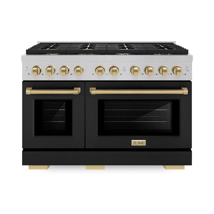 ZLINE Autograph Edition 48 in. 6.7 cu. ft. Paramount Double Oven Gas Range with 8 Burner Cooktop in Satin Stainless Steel with Black Matte Doors and Champagne Bronze Accents (SGRSZ-BLM-48-CB)