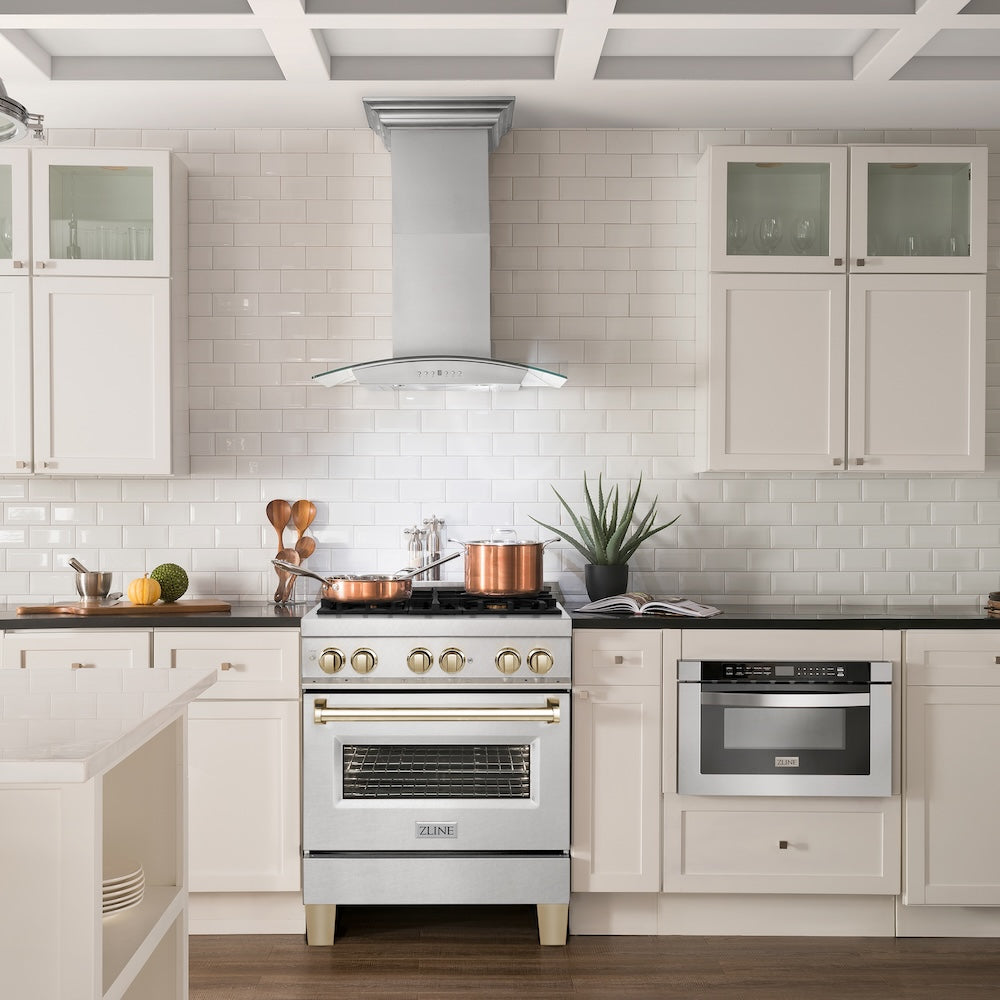 ZLINE Autograph Edition 30 in. 4.0 cu. ft. Legacy Dual Fuel Range with 4 Burner Gas Cooktop and Electric Convection Oven in Satin Stainless Steel and Polished Gold Accents (RASZ-SN-30-G)