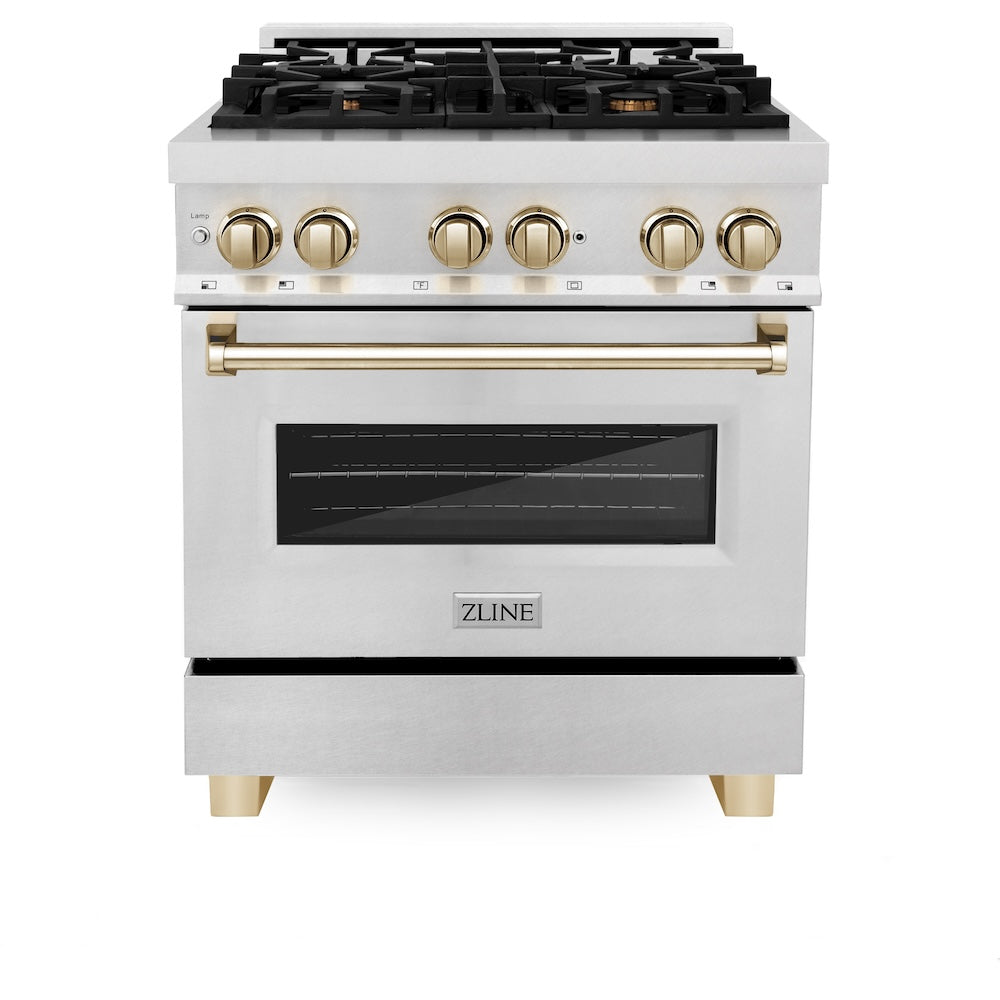 ZLINE Autograph Edition 30 in. 4.0 cu. ft. Legacy Dual Fuel Range with 4 Burner Gas Cooktop and Electric Convection Oven in Satin Stainless Steel and Polished Gold Accents (RASZ-SN-30-G)