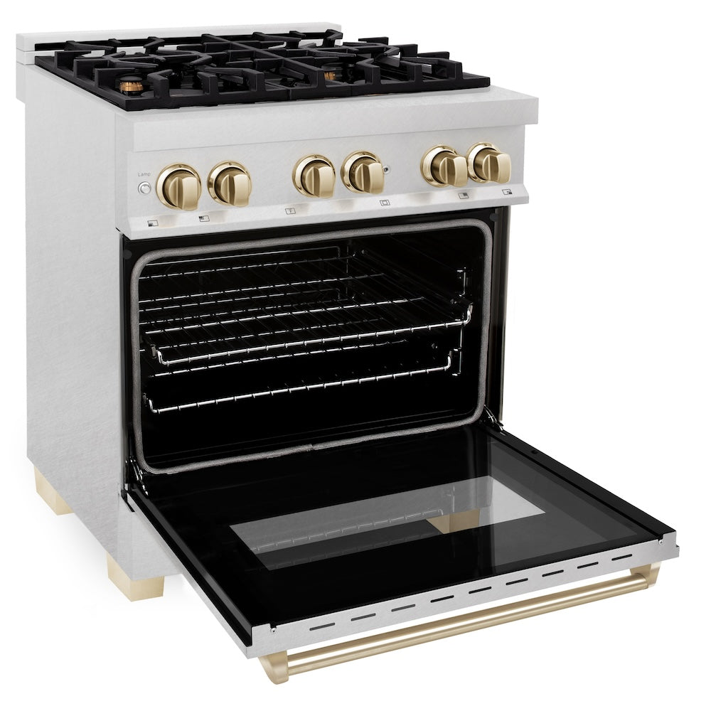 ZLINE Autograph Edition 30 in. 4.0 cu. ft. Legacy Dual Fuel Range with 4 Burner Gas Cooktop and Electric Convection Oven in Satin Stainless Steel and Polished Gold Accents (RASZ-SN-30-G)