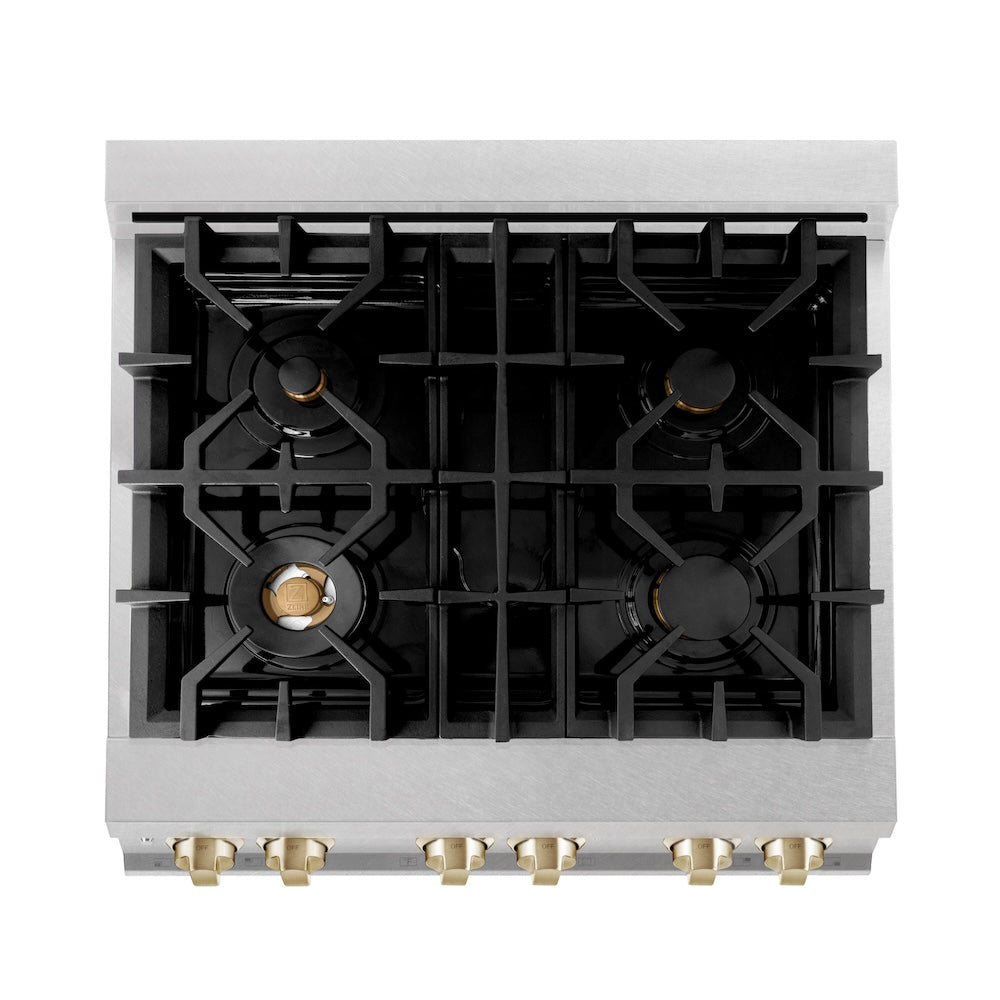ZLINE Autograph Edition 30 in. 4.0 cu. ft. Legacy Dual Fuel Range with 4 Burner Gas Cooktop and Electric Convection Oven in Satin Stainless Steel and Polished Gold Accents (RASZ-SN-30-G)