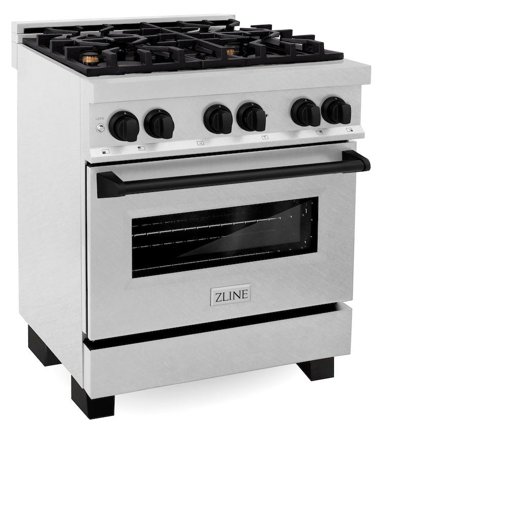 ZLINE Autograph Edition 30 in. 4.0 cu. ft. Legacy Dual Fuel Range with 4 Burner Gas Cooktop and Electric Convection Oven in Satin Stainless Steel and Matte Black Accents (RASZ-SN-30-MB)