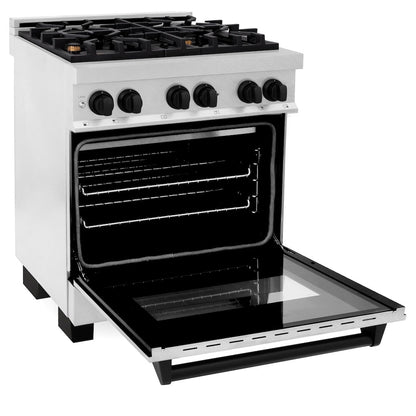 ZLINE Autograph Edition 30 in. 4.0 cu. ft. Legacy Dual Fuel Range with 4 Burner Gas Cooktop and Electric Convection Oven in Satin Stainless Steel and Matte Black Accents (RASZ-SN-30-MB)