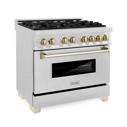ZLINE Autograph Edition 36 in. 4.6 cu. ft. Legacy Dual Fuel Range with 6 Burner Gas Cooktop and Electric Convection Oven in Satin Stainless Steel and Polished Gold Accents (RASZ-SN-36-G)