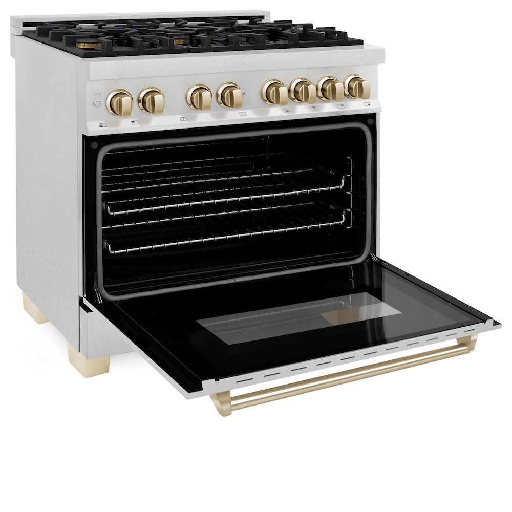 ZLINE Autograph Edition 36 in. 4.6 cu. ft. Legacy Dual Fuel Range with 6 Burner Gas Cooktop and Electric Convection Oven in Satin Stainless Steel and Polished Gold Accents (RASZ-SN-36-G)
