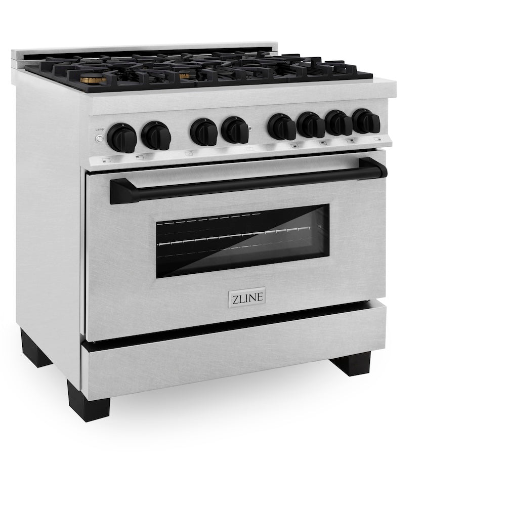 ZLINE Autograph Edition 36 in. 4.6 cu. ft. Legacy Dual Fuel Range with 6 Burner Gas Cooktop and Electric Convection Oven in Satin Stainless Steel and Matte Black Accents (RASZ-SN-36-MB)