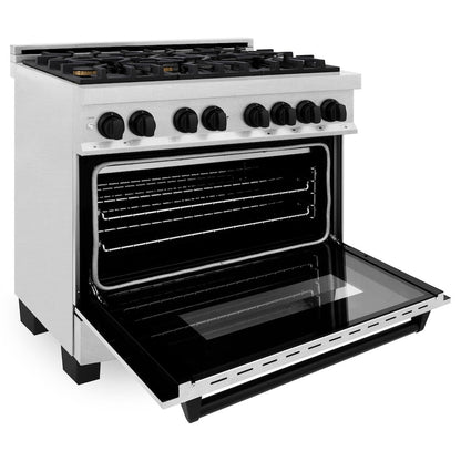 ZLINE Autograph Edition 36 in. 4.6 cu. ft. Legacy Dual Fuel Range with 6 Burner Gas Cooktop and Electric Convection Oven in Satin Stainless Steel and Matte Black Accents (RASZ-SN-36-MB)