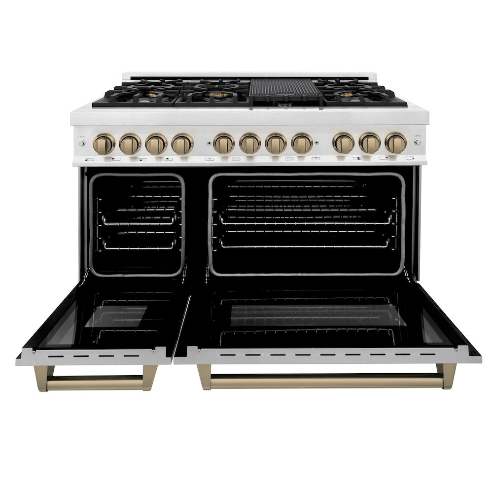 ZLINE Autograph Edition 48 in. 6.0 cu. ft. Legacy Dual Fuel Range with 7 Burner Gas Cooktop and 2 Electric Ovens in Satin Stainless Steel and Champagne Bronze Accents (RASZ-SN-48-CB)