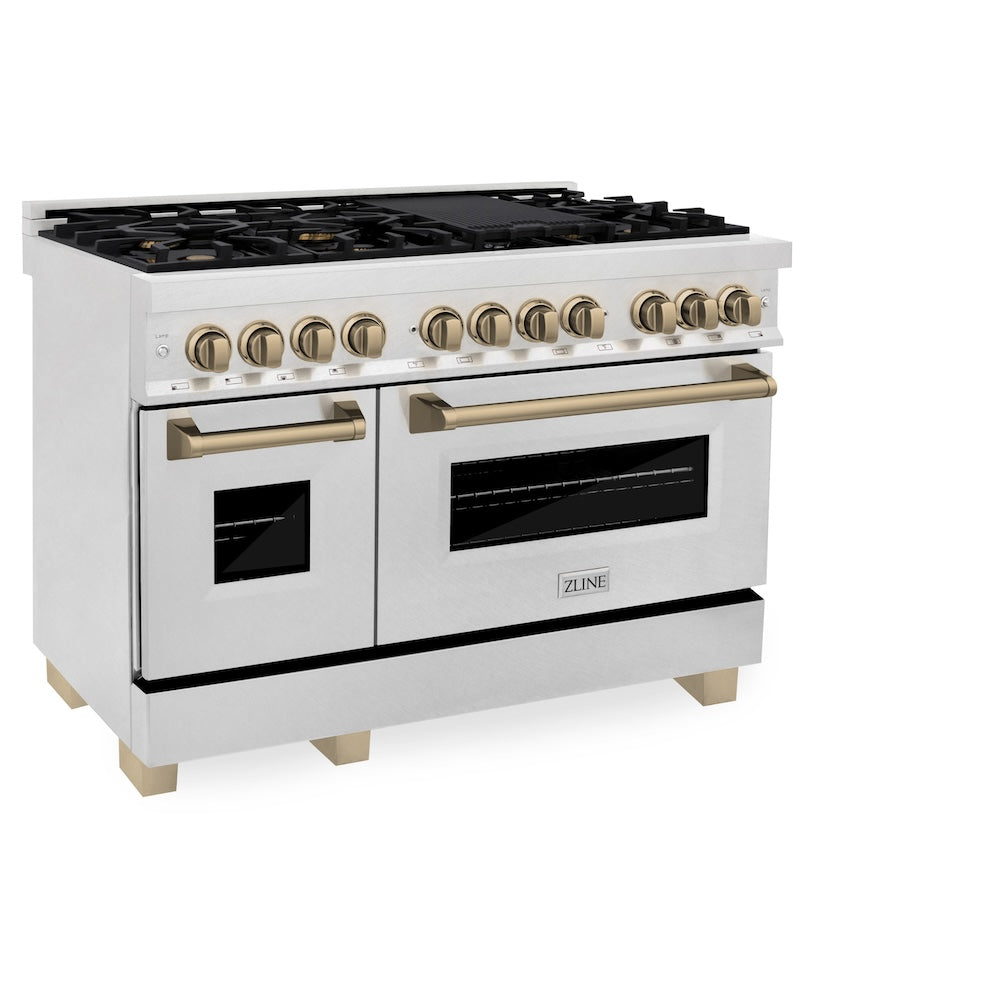 ZLINE Autograph Edition 48 in. 6.0 cu. ft. Legacy Dual Fuel Range with 7 Burner Gas Cooktop and 2 Electric Ovens in Satin Stainless Steel and Champagne Bronze Accents (RASZ-SN-48-CB)