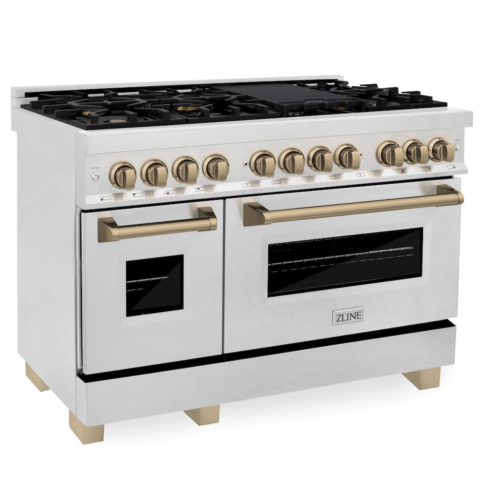ZLINE Autograph Edition 48 in. 6.0 cu. ft. Legacy Dual Fuel Range with 7 Burner Gas Cooktop and 2 Electric Ovens in Satin Stainless Steel and Champagne Bronze Accents (RASZ-SN-48-CB)