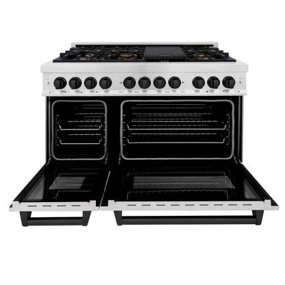 ZLINE Autograph Edition 48 in. 6.0 cu. ft. Legacy Dual Fuel Range with 7 Burner Gas Cooktop and 2 Electric Ovens in Satin Stainless Steel and Matte Black Accents (RASZ-SN-48-MB)