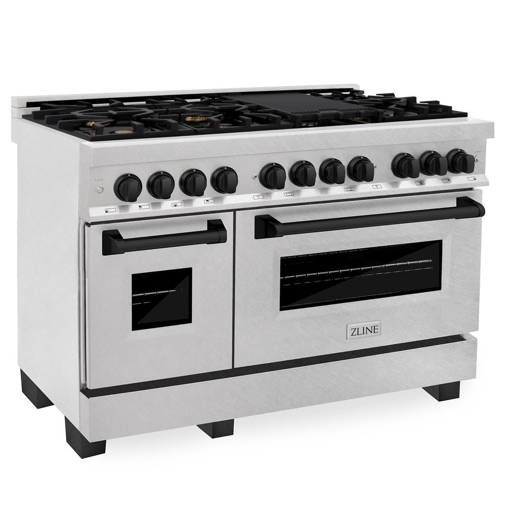 ZLINE Autograph Edition 48 in. 6.0 cu. ft. Legacy Dual Fuel Range with 7 Burner Gas Cooktop and 2 Electric Ovens in Satin Stainless Steel and Matte Black Accents (RASZ-SN-48-MB)