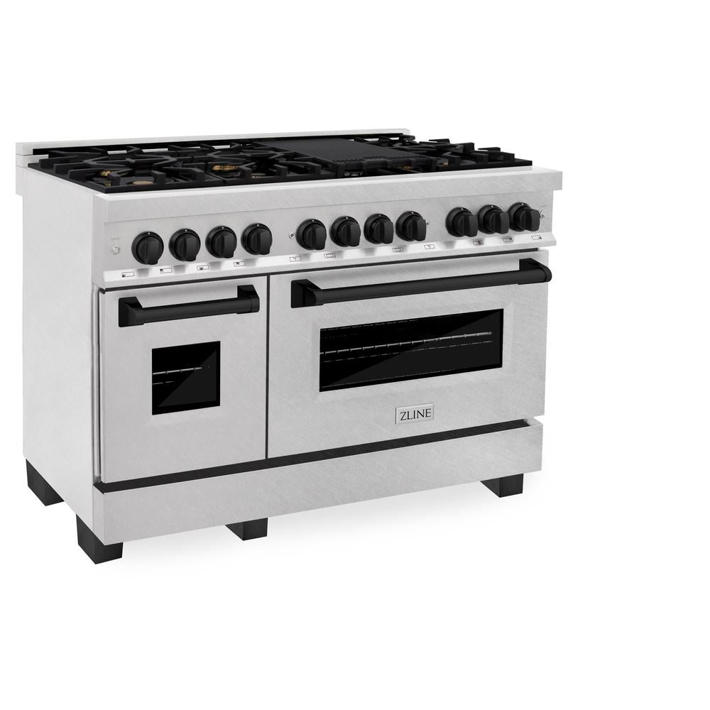 ZLINE Autograph Edition 48 in. 6.0 cu. ft. Legacy Dual Fuel Range with 7 Burner Gas Cooktop and 2 Electric Ovens in Satin Stainless Steel and Matte Black Accents (RASZ-SN-48-MB)