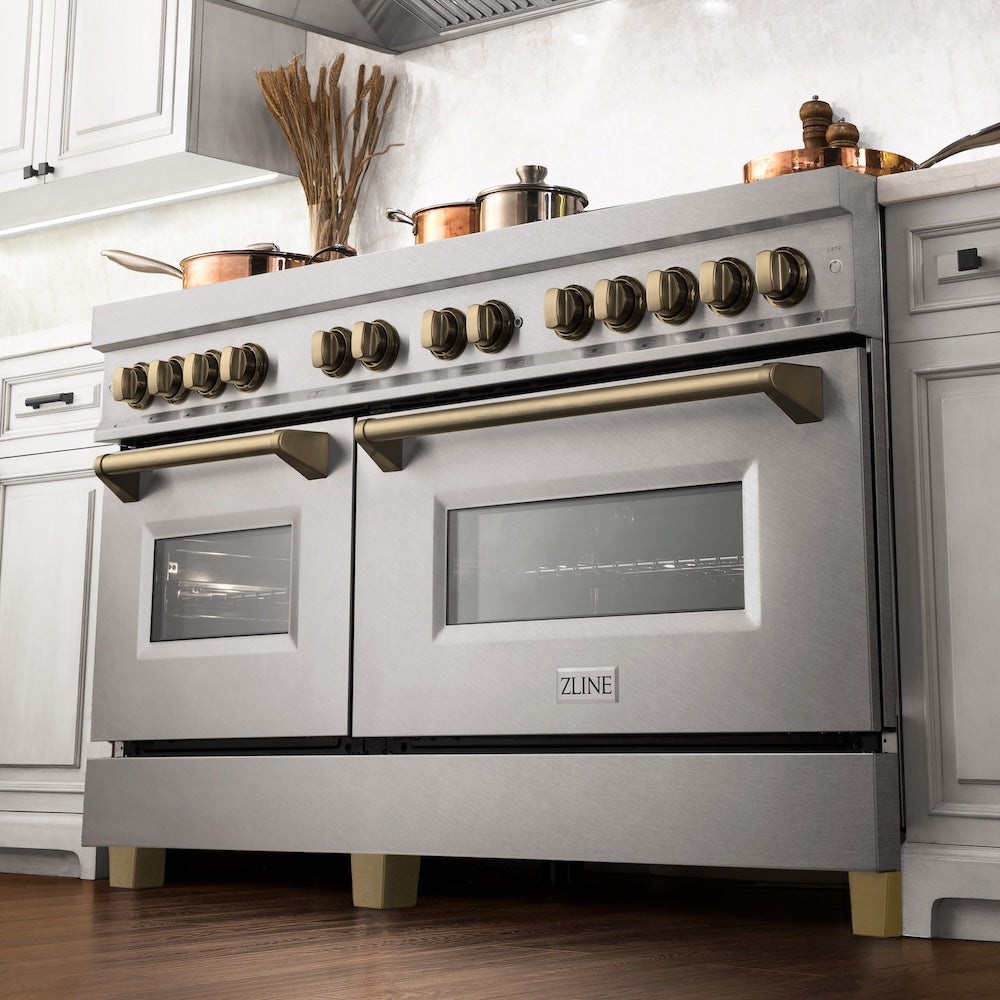 ZLINE Autograph Edition 60 in. 7.4 cu. ft. Legacy Dual Fuel Range with 9 Burner Gas Cooktop and 2 Electric Convection Ovens in Satin Stainless Steel and Champagne Bronze Accents (RASZ-SN-60-CB)