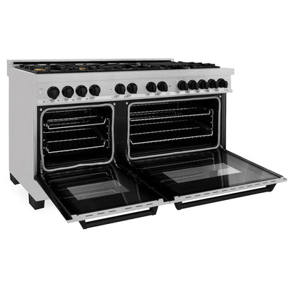 ZLINE Autograph Edition 60 in. 7.4 cu. ft. Legacy Dual Fuel Range with 9 Burner Gas Cooktop and 2 Electric Convection Ovens in Satin Stainless Steel and Matte Black Accents (RASZ-SN-60-MB)