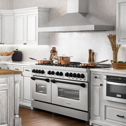 ZLINE Autograph Edition 60 in. 7.4 cu. ft. Legacy Dual Fuel Range with 9 Burner Gas Cooktop and 2 Electric Convection Ovens in Satin Stainless Steel and Matte Black Accents (RASZ-SN-60-MB)