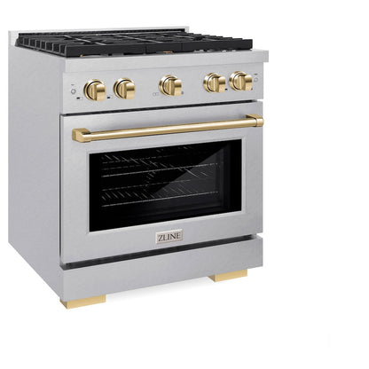 ZLINE Autograph Edition 30 in. 4.2 cu. ft. Paramount Dual Fuel Range with 4 Burner Gas Cooktop and Electric Convection Oven in Satin Stainless Steel with Polished Gold Accents (SDRSZ-30-G)