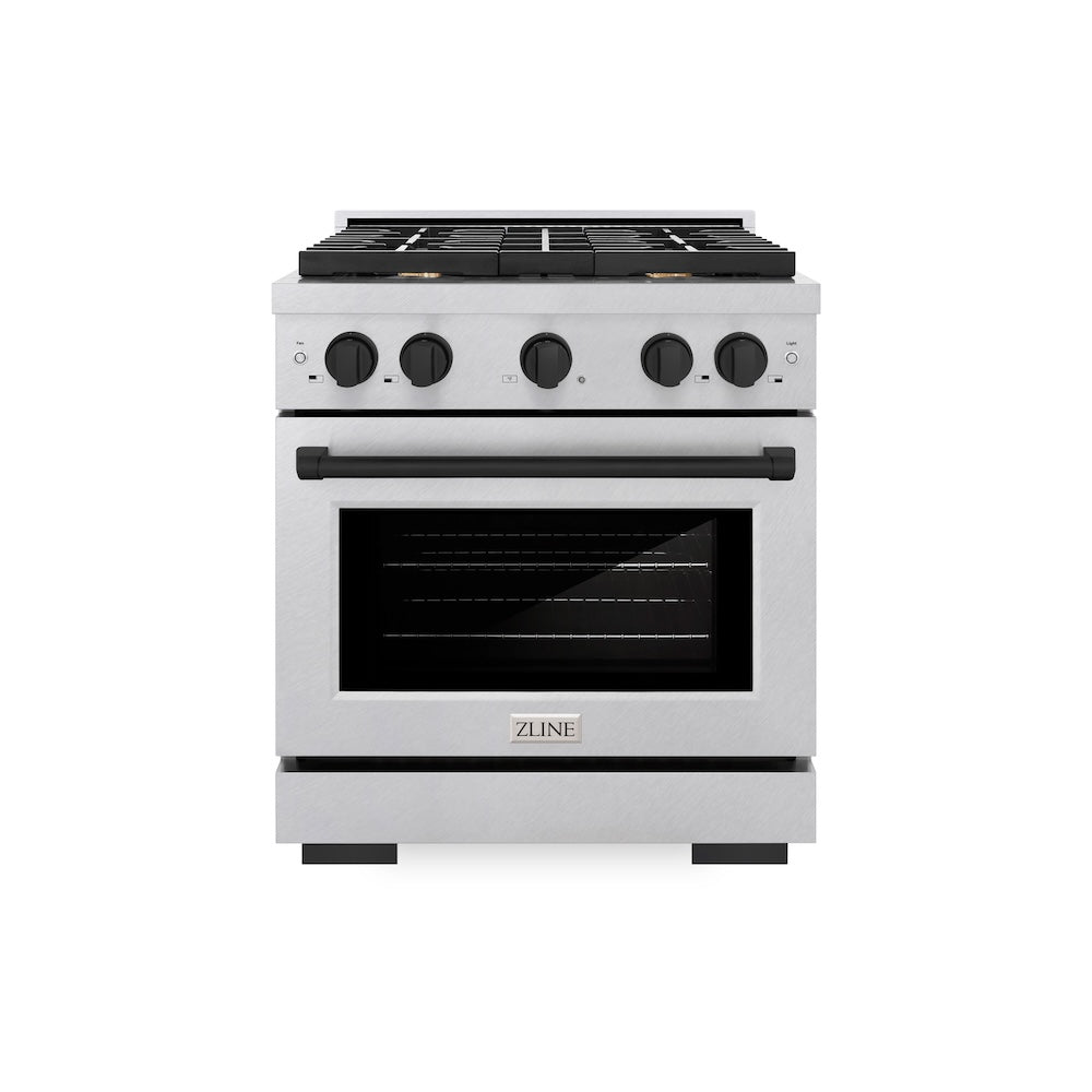 ZLINE Autograph Edition 30 in. 4.2 cu. ft. Paramount Dual Fuel Range with 4 Burner Gas Cooktop and Electric Convection Oven in Satin Stainless Steel with Matte Black Accents (SDRSZ-30-MB)