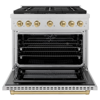 ZLINE Autograph Edition 36 in. 5.2 cu. ft. Paramount Dual Fuel Range with 6 Burner Gas Cooktop and Electric Convection Oven in Satin Stainless Steel with Champagne Bronze Accents (SDRSZ-36-CB)