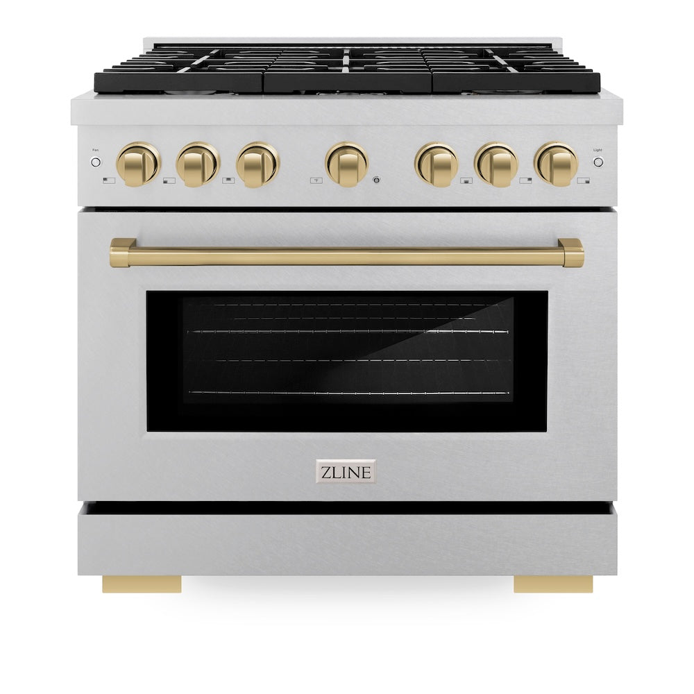 ZLINE Autograph Edition 36 in. 5.2 cu. ft. Paramount Dual Fuel Range with 6 Burner Gas Cooktop and Electric Convection Oven in Satin Stainless Steel with Champagne Bronze Accents (SDRSZ-36-CB)