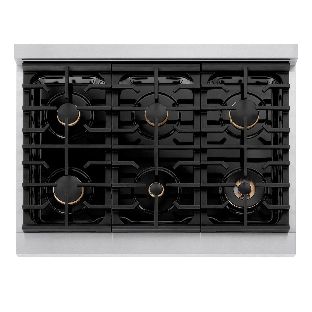 ZLINE Autograph Edition 36 in. 5.2 cu. ft. Paramount Dual Fuel Range with 6 Burner Gas Cooktop and Electric Convection Oven in Satin Stainless Steel with Polished Gold Accents (SDRSZ-36-G)