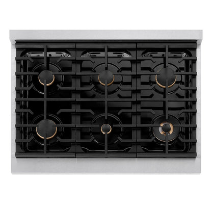 ZLINE Autograph Edition 36 in. 5.2 cu. ft. Paramount Dual Fuel Range with 6 Burner Gas Cooktop and Electric Convection Oven in Satin Stainless Steel with Polished Gold Accents (SDRSZ-36-G)