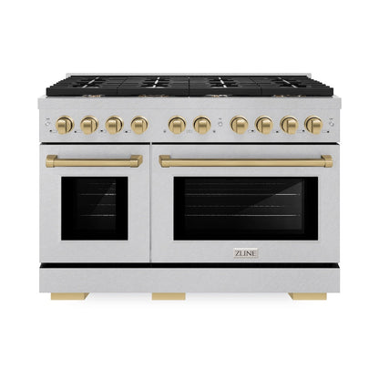 ZLINE Autograph Edition 48 in. 6.7 cu. ft. Paramount Double Oven Dual Fuel Range with 8 Burner Gas Cooktop in Satin Stainless Steel and Champagne Bronze Accents (SDRSZ-48-CB)