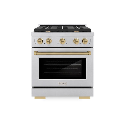 ZLINE Autograph Edition 30 in. 4.2 cu. ft. Paramount Gas Range with 4 Burner Cooktop and Convection Gas Oven in Satin Stainless Steel and Champagne Bronze Accents (SGRSZ-30-CB)