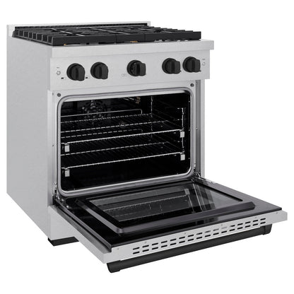 ZLINE Autograph Edition 30 in. 4.2 cu. ft. Paramount Gas Range with 4 Burner Cooktop and Convection Gas Oven in Satin Stainless Steel and Matte Black Accents (SGRSZ-30-MB)