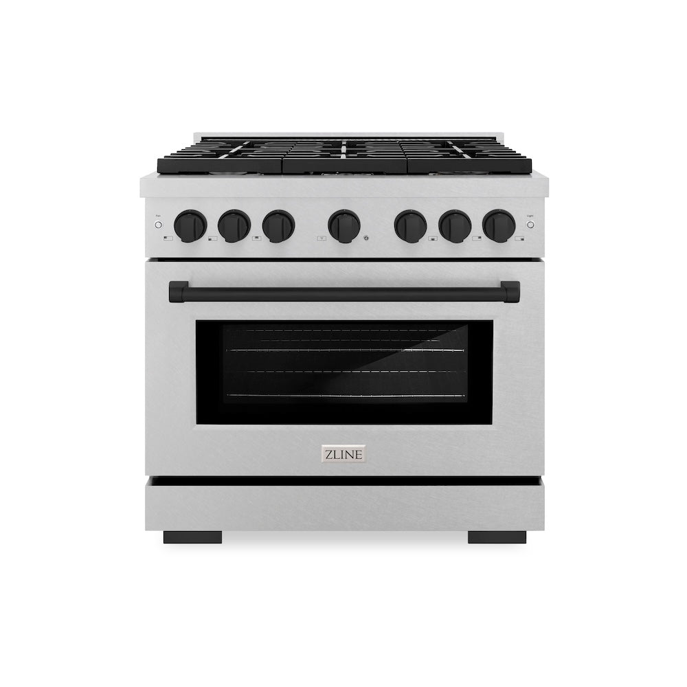 ZLINE Autograph Edition 36 in. 5.2 cu. ft. 6 Burner Paramount Gas Range with Convection Gas Oven in Satin Stainless Steel and Matte Black Accents (SGRSZ-36-MB)