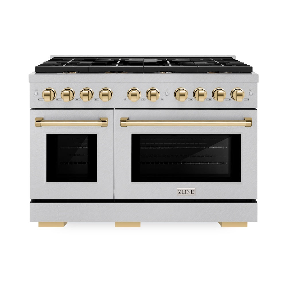 ZLINE Autograph Edition 48 in. 6.7 cu. ft. Paramount Double Oven Gas Range with 8 Burner Cooktop in Satin Stainless Steel and Polished Gold Accents (SGRSZ-48-G)