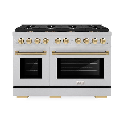 ZLINE Autograph Edition 48 in. 6.7 cu. ft. Paramount Double Oven Gas Range with 8 Burner Cooktop in Satin Stainless Steel and Polished Gold Accents (SGRSZ-48-G)
