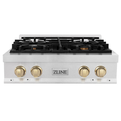 ZLINE Autograph Edition 30 in. Legacy Gas Rangetop with 4 Burners and Porcelain Cooktop in Satin Stainless Steel with Polished Gold Accents (RTSZ-30-G)