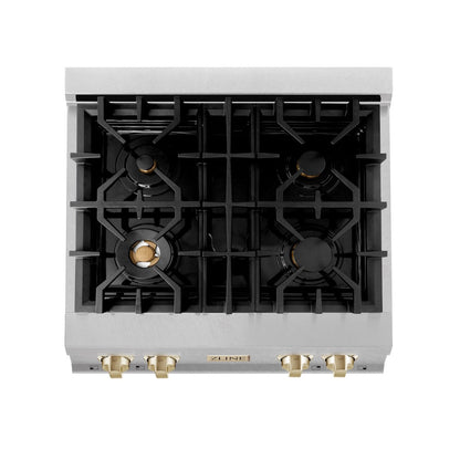 ZLINE Autograph Edition 30 in. Legacy Gas Rangetop with 4 Burners and Porcelain Cooktop in Satin Stainless Steel with Polished Gold Accents (RTSZ-30-G)